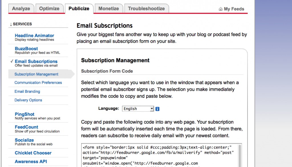 feedburner email code screen